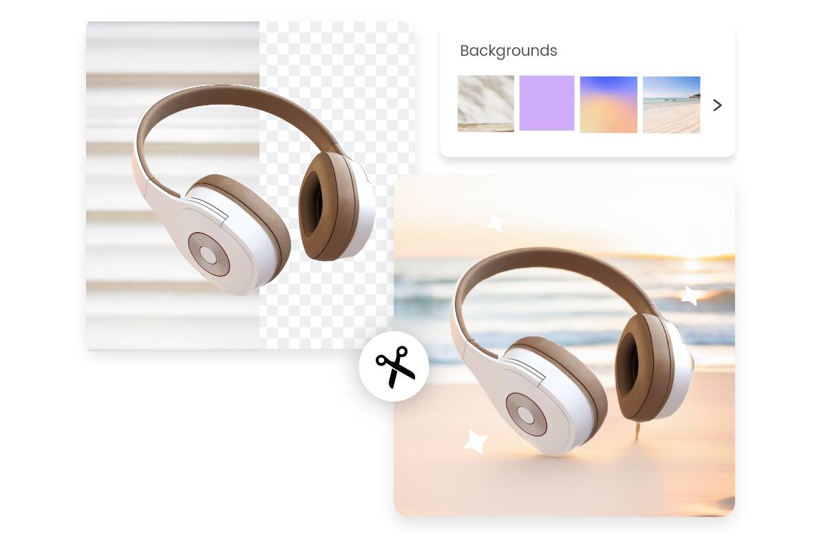 Get the transparent background from headphones and change background to a seaside scene